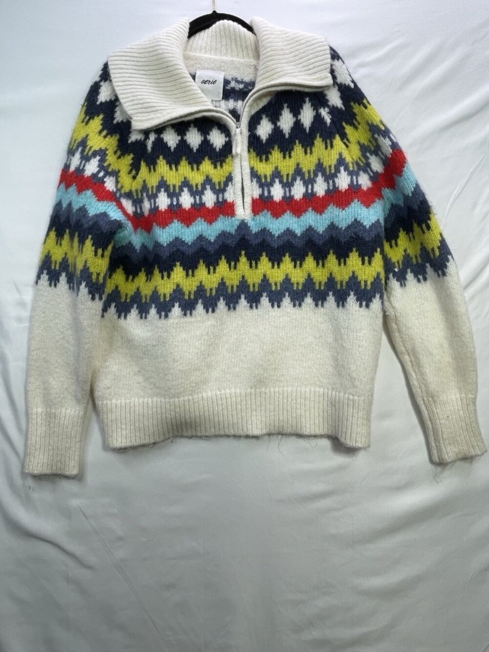 Aerie Women Large Oversized Fair Isle Sweater Mock 1/4 Zip Neck Cozy Wool Blend